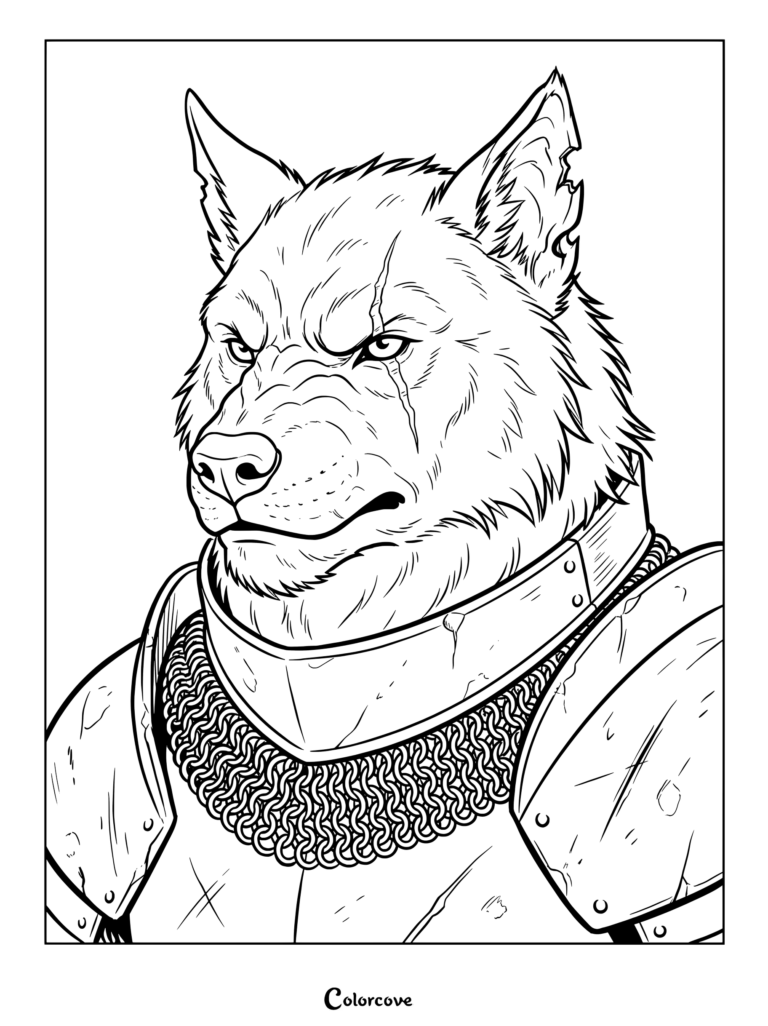 Werewolf coloring page featuring an armored beast with a prominent facial scar and chainmail.