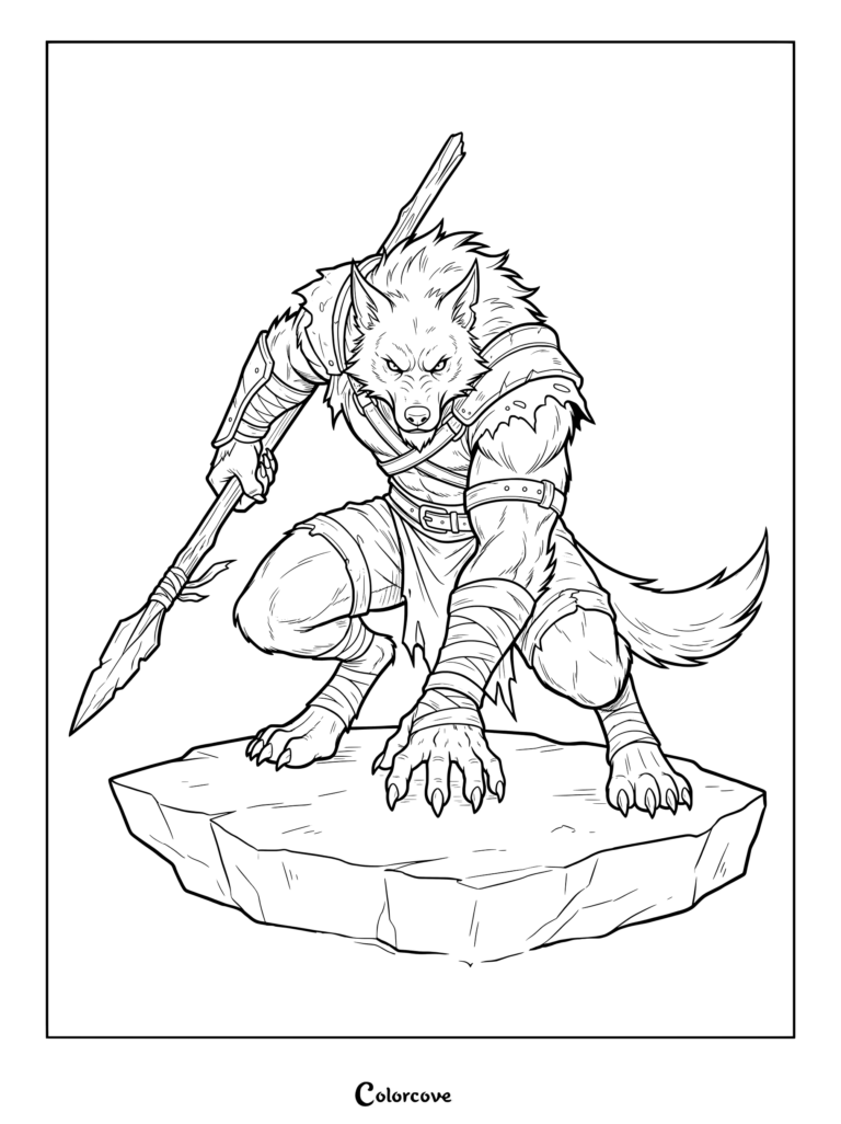 Fierce werewolf warrior crouching on a rock with a spear, coloring page for kids.