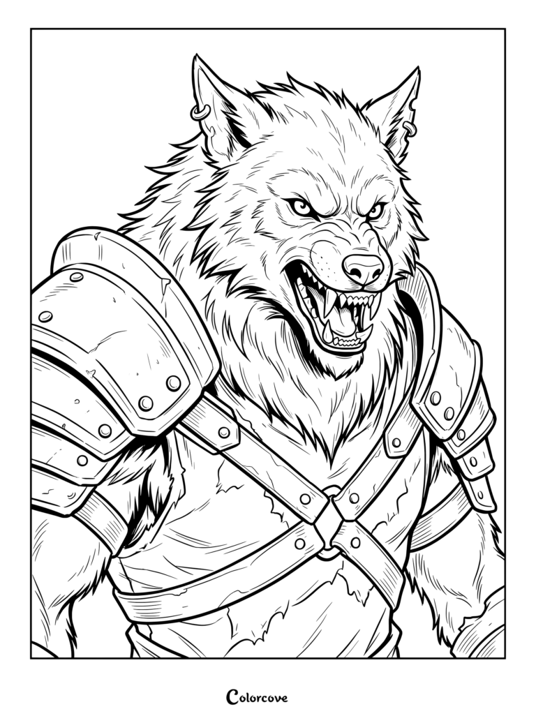 Werewolf coloring page featuring an armored beast with spiked earrings snarling aggressively.