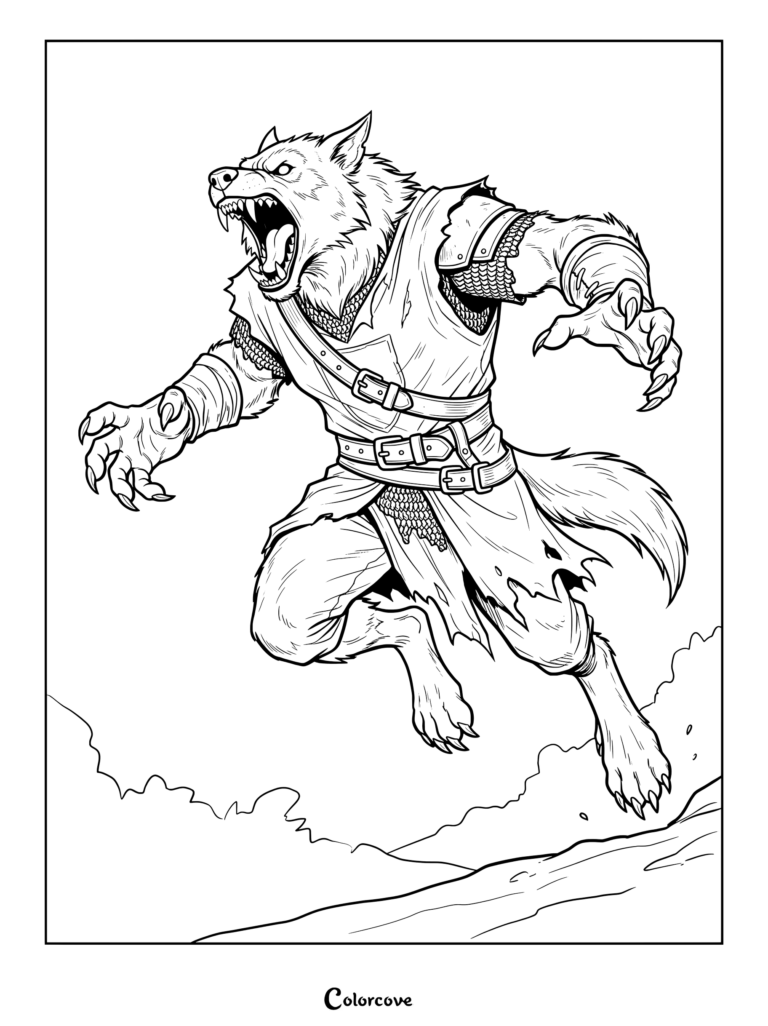 An armored werewolf leaping forward with claws bared, suitable for a coloring page.