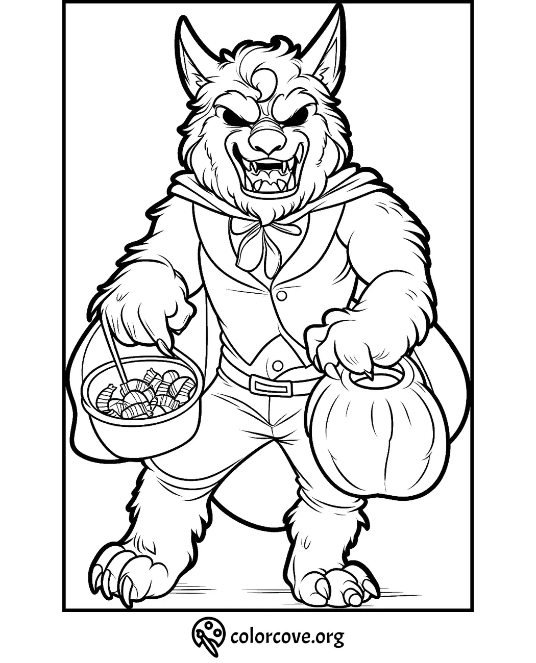 Werewolf in costume holding candy bucket and pumpkin, Halloween coloring page for kids at colorcove.org.