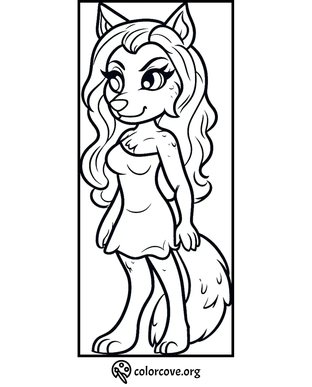 A cute fox character coloring page with long hair and a dress, ready to be colored. Visit colorcove.org for more.