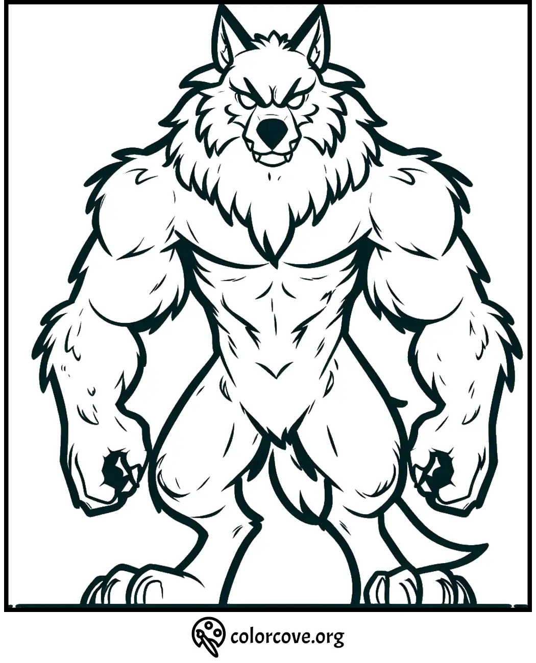 Muscular werewolf coloring page with fierce expression, ready to print and color from colorcove.org.