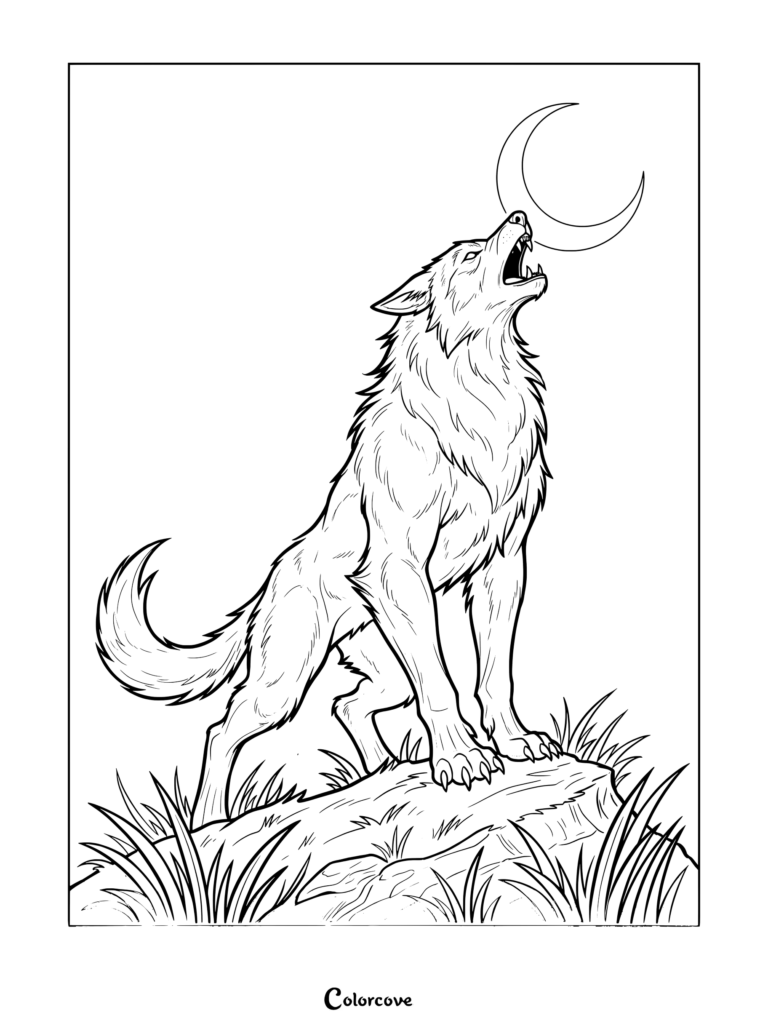 A detailed werewolf coloring page featuring a beast howling at a crescent moon on a rocky outcrop.