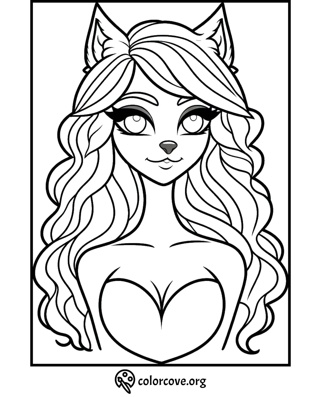 Coloring page featuring a feline-inspired character with cat ears, large eyes, and wavy hair. ColorCove.org branding.