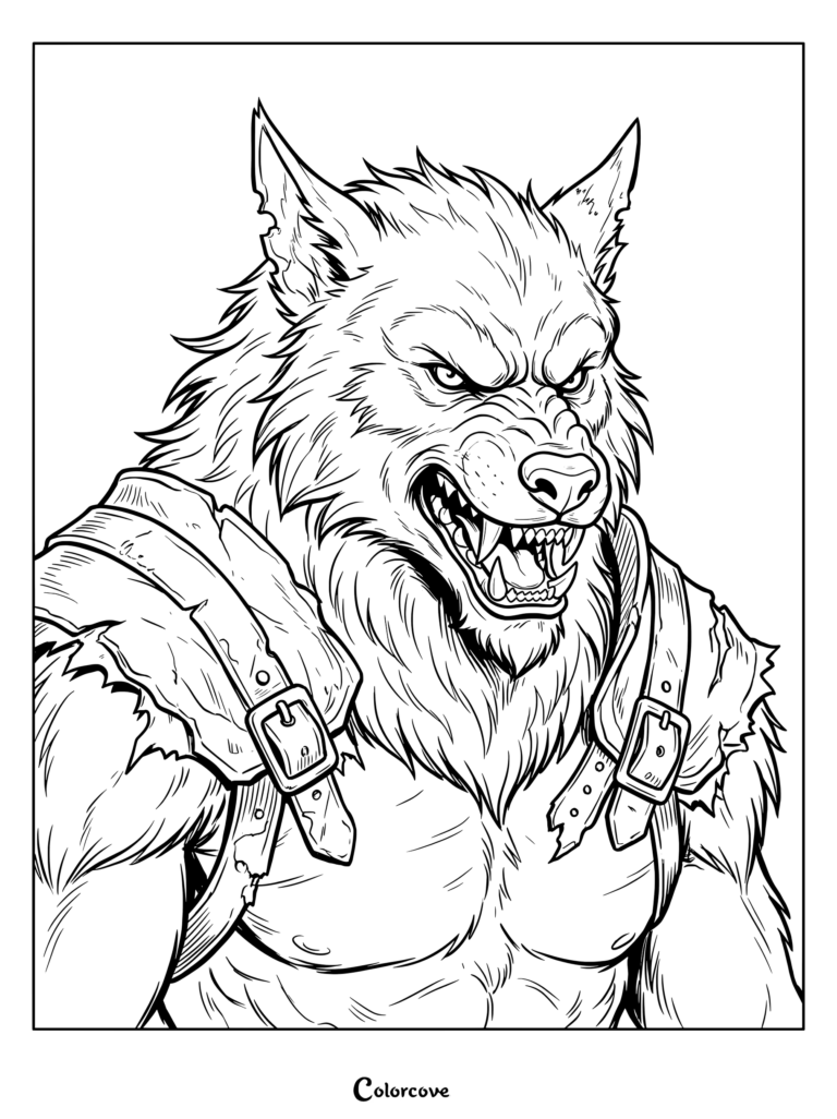 A ferocious werewolf wearing leather armor snarling aggressively in this detailed coloring page.