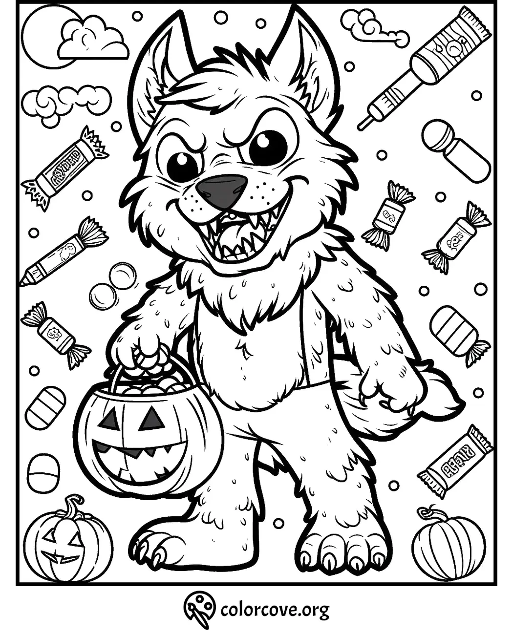 Cute werewolf trick-or-treating with pumpkin candy bucket on Halloween-themed coloring page from colorcove.org.