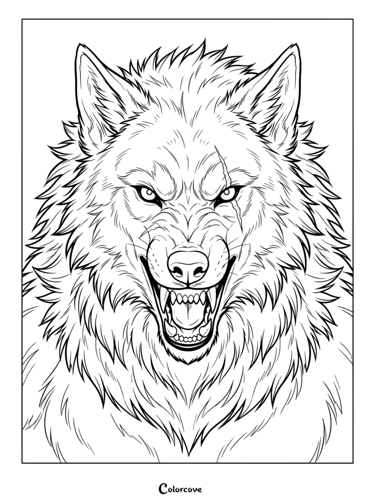 A detailed coloring page of a fierce werewolf with a facial scar, baring its sharp teeth.