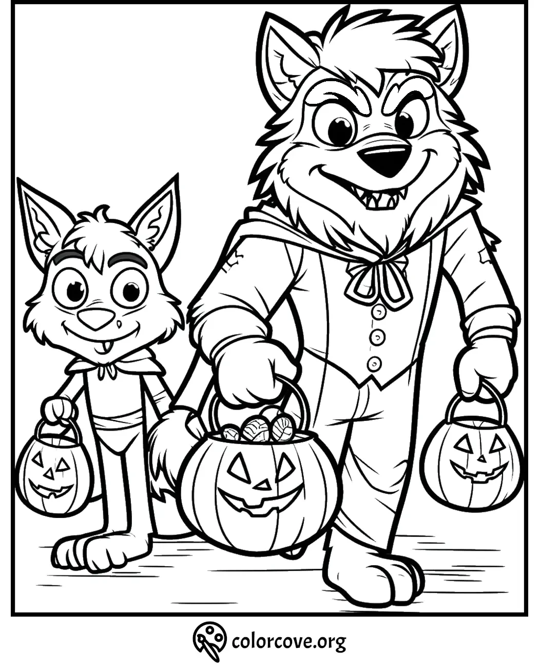 Halloween werewolf coloring page with two characters holding jack-o-lantern buckets, perfect for kids to color.