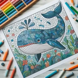 Coloring page of a mosaic-style blue whale surrounded by aquatic plants and flowers, with colored pencils nearby.