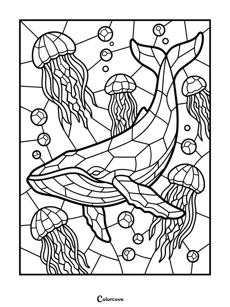 Un coloriage baleines mosaique représentant une baleine gracieuse entourée de meduses nageant et de bulles flottantes dans un motif de type vitrail.