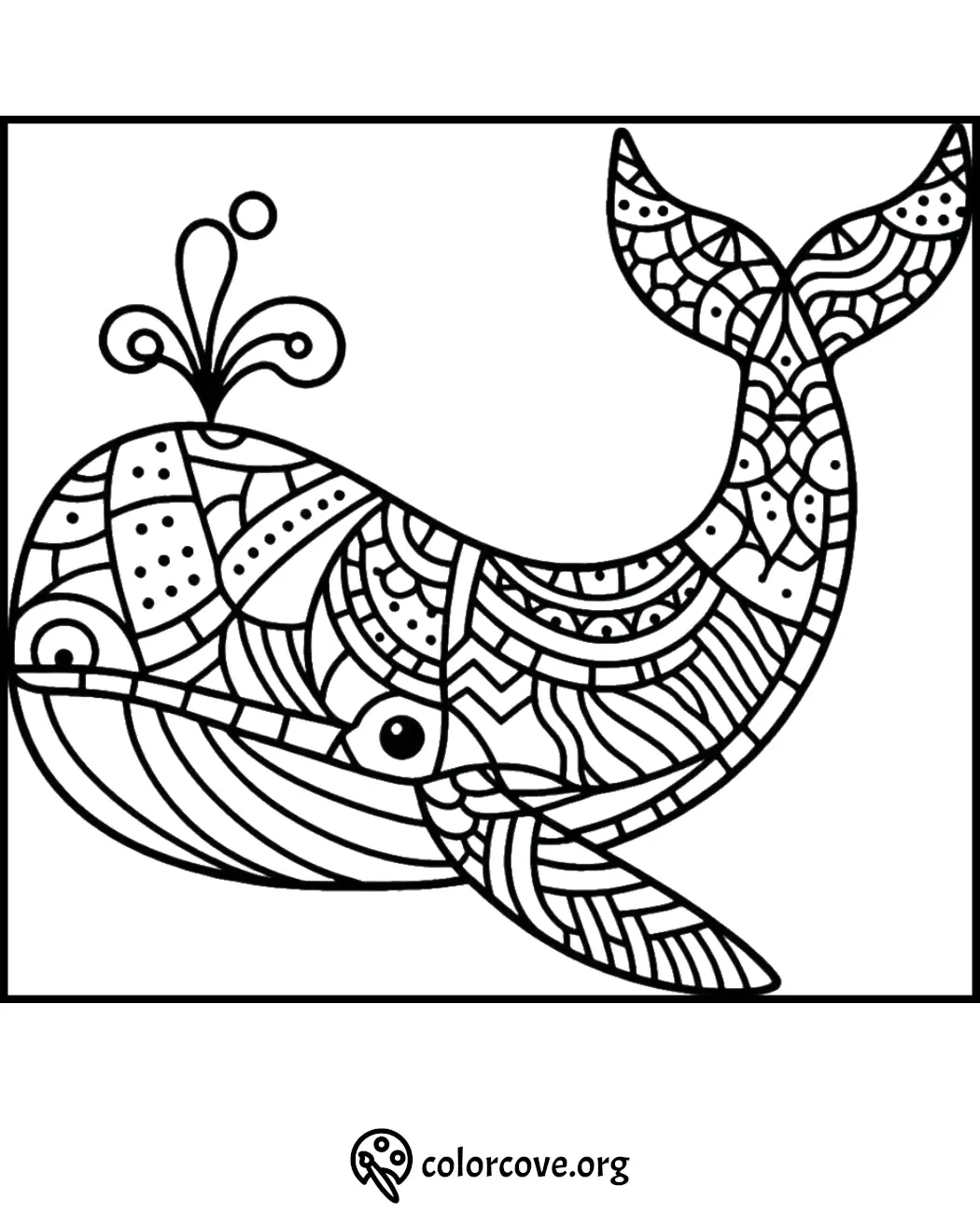 Intricate whale coloring page with abstract patterns and splashing water, perfect for creative coloring enthusiasts.