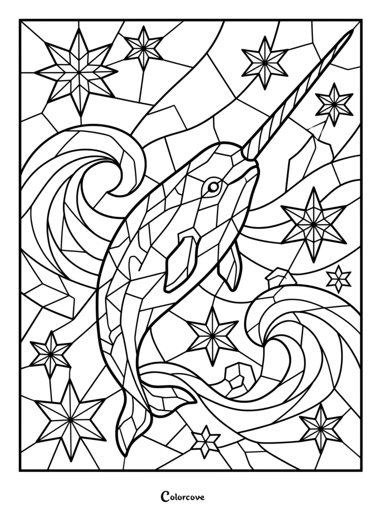 Un coloriage narval mosaique représentant une créature marine géométrique entourée de vagues et d'étoiles.