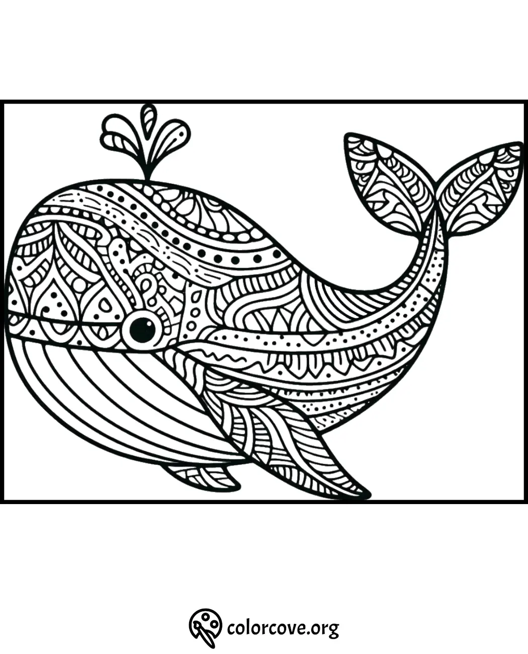 Intricate whale coloring page with detailed patterns, perfect for adult coloring enthusiasts seeking a relaxing activity.