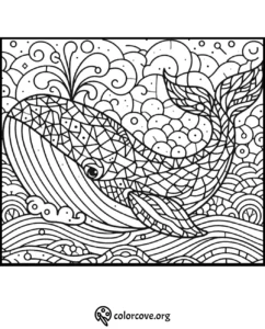 Intricate whale coloring page with geometric patterns and swirls, perfect for kids and adults to color.