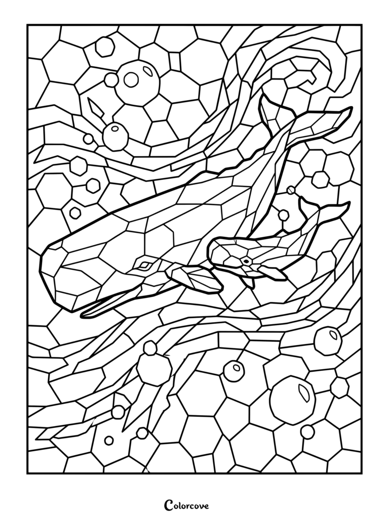 Un coloriage baleines mosaique représentant une grande baleine et son petit nageant parmi des motifs géométriques et des bulles.