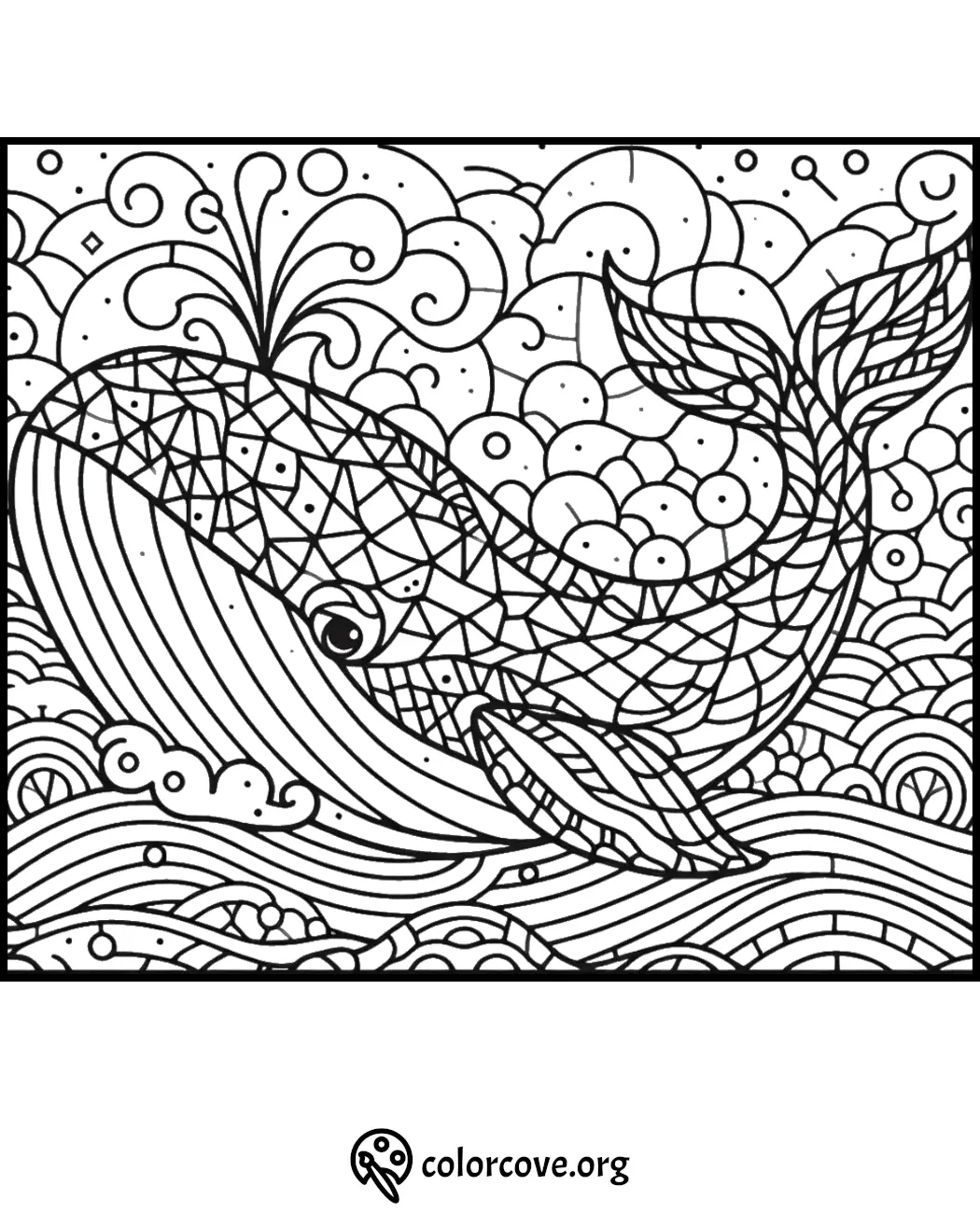 Intricate whale coloring page with geometric patterns and swirls, perfect for kids and adults to color.