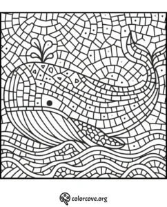 Intricate whale coloring page with mosaic design, showing a whimsical whale and splashing water, perfect for kids.