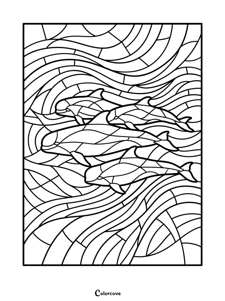 Un coloriage baleines mosaique détaillé représentant un groupe de baleines nageant à travers des vagues de type vitrail.