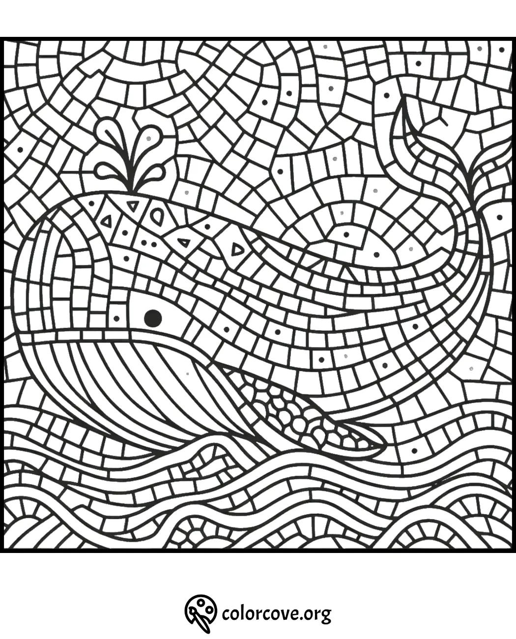 Intricate whale coloring page with mosaic design, showing a whimsical whale and splashing water, perfect for kids.