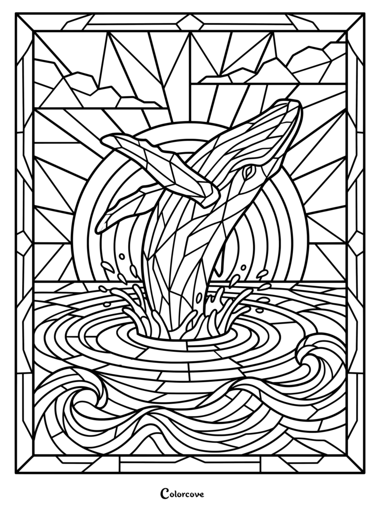 Un coloriage baleines mosaique à imprimer représentant une baleine majestueuse sortant de l'océan devant un soleil géométrique.