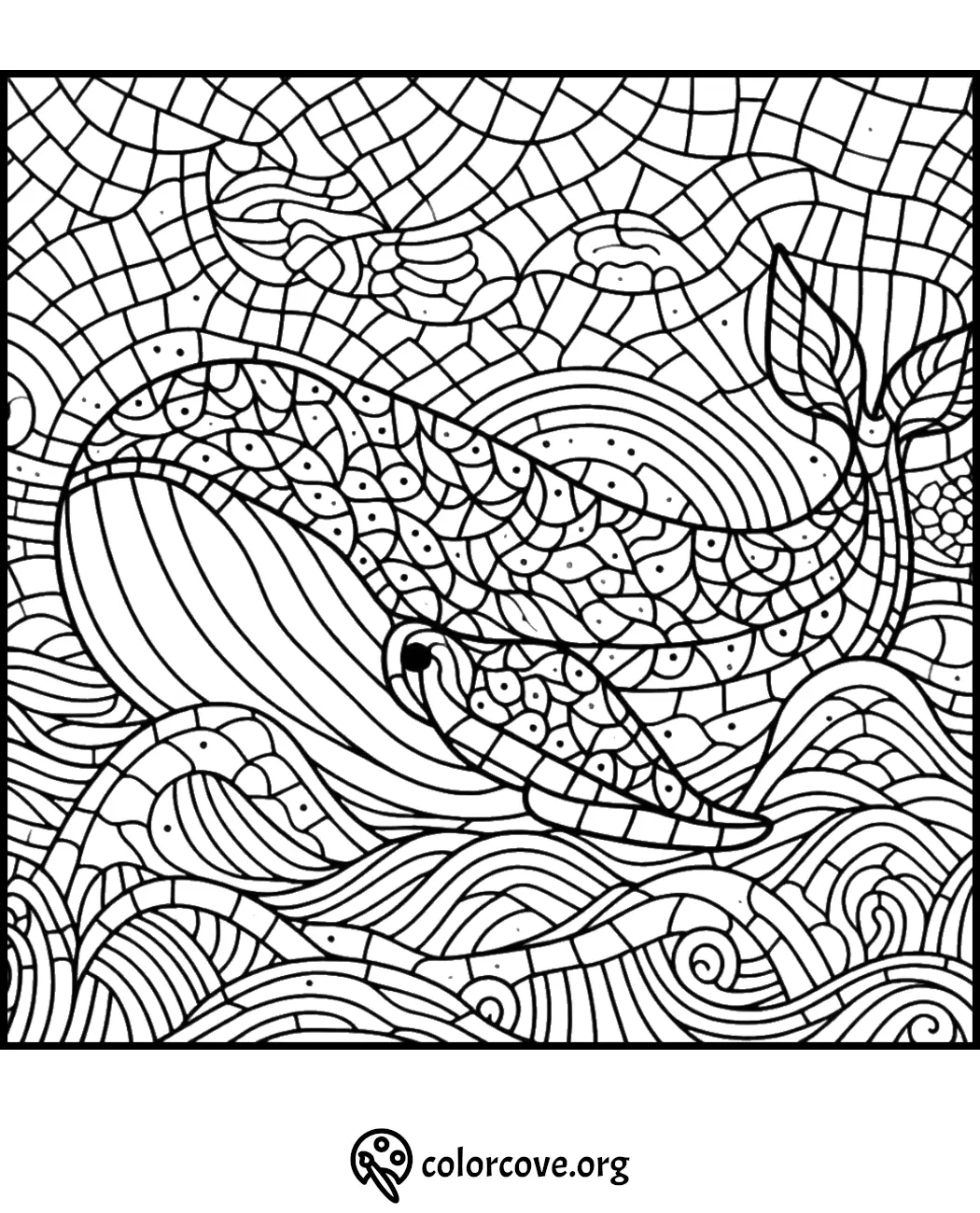 Intricate whale coloring page with mosaic-style patterns and ocean waves from colorcove.org. Ideal for stress relief.