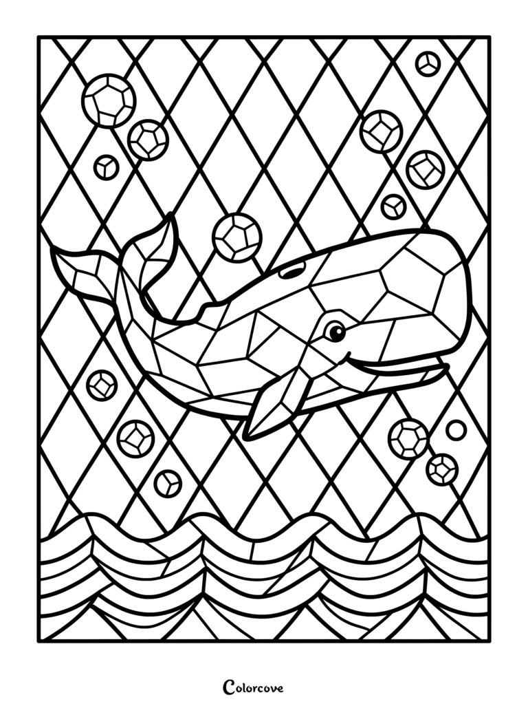 Un coloriage baleines mosaique représentant une baleine géométrique nageant au-dessus des vagues.