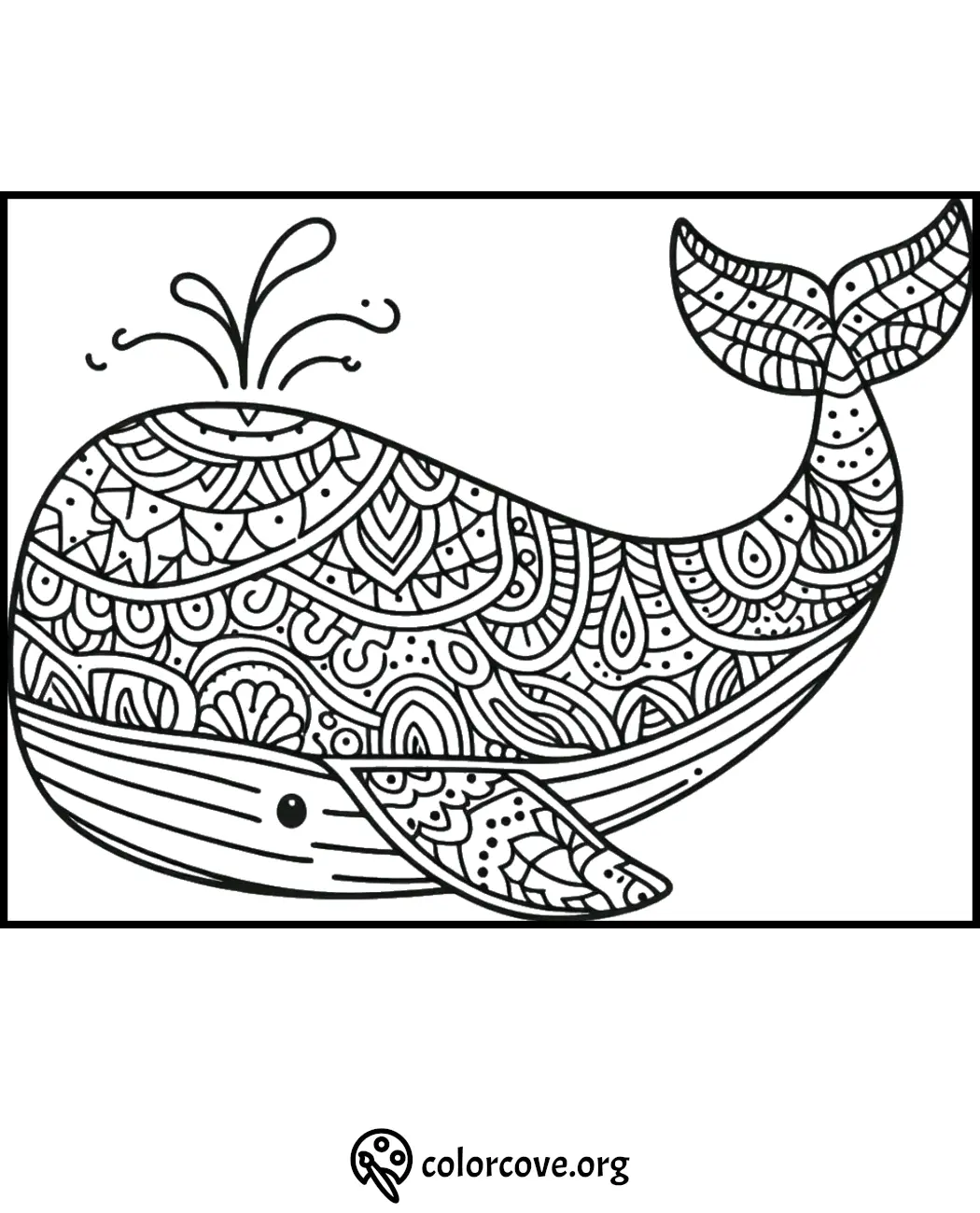 Detailed whale coloring page featuring intricate patterns and designs, perfect for stress relief and creative fun.