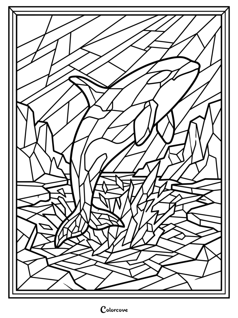 Un coloriage baleines mosaique complexe représentant une orque sautant à travers des vagues géométriques.