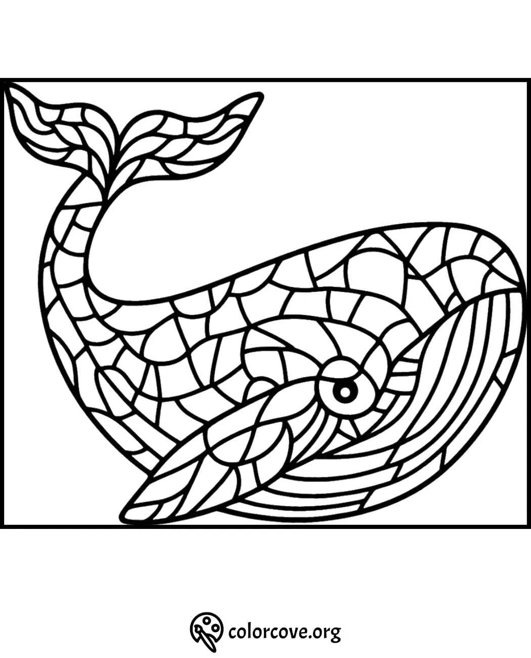 Whale Mosaic Coloring Page: Intricate whale design with mosaic pattern, perfect for coloring enthusiasts. Free download at colorcove.org.