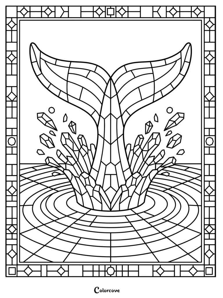 Un coloriage baleines mosaique à imprimer représentant une queue de baleine éclaboussant l'eau avec des motifs géométriques.