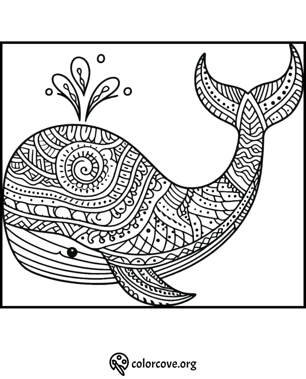 Ornate whale coloring page with intricate patterns and designs, perfect for adult coloring enthusiasts from colorcove.org.