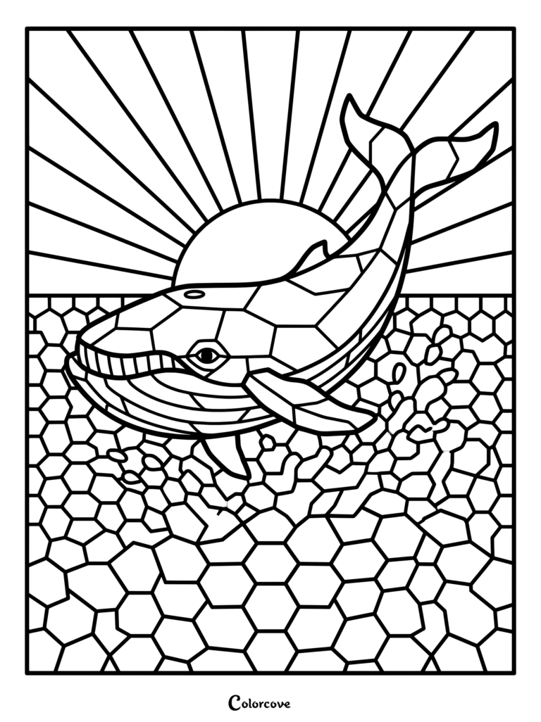 Un coloriage baleines mosaique représentant une baleine géométrique sautant hors de l'eau devant un soleil rayonnant.