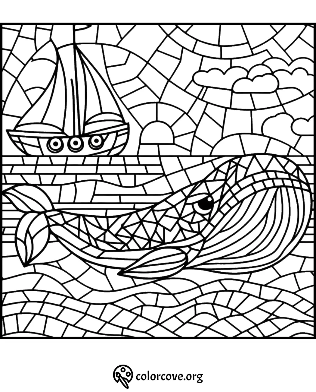 Coloring page with a mosaic-style illustration of a sailboat, whale, waves, and clouds under the sun.