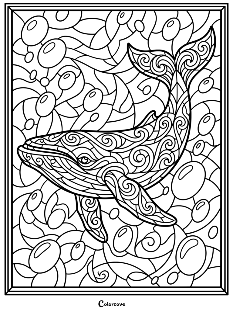 Un coloriage baleines mosaique détaillé présentant des volutes et des bulles complexes.