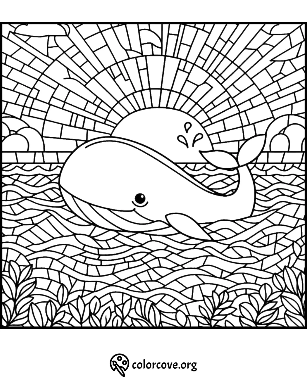 Coloring page of a playful whale surfacing from the ocean with a mosaic style sun setting in the background.