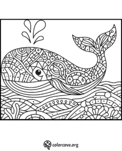 Intricate whale coloring page for adults featuring detailed patterns and ocean elements. Perfect for stress relief and relaxation.
