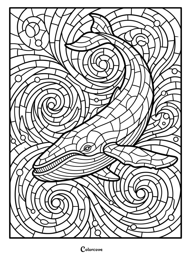 Un coloriage baleines mosaique détaillé représentant une baleine gracieuse nageant à travers des vagues océaniques abstraites et tourbillonnantes.