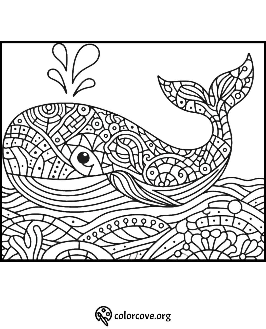 Intricate whale coloring page for adults featuring detailed patterns and ocean elements. Perfect for stress relief and relaxation.