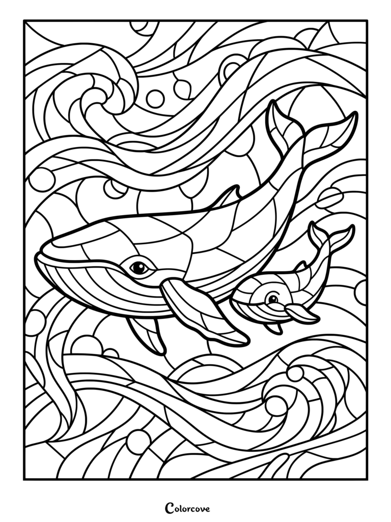 Un coloriage baleines mosaique représentant une mère baleine et son petit nageant à travers des vagues océaniques abstraites.