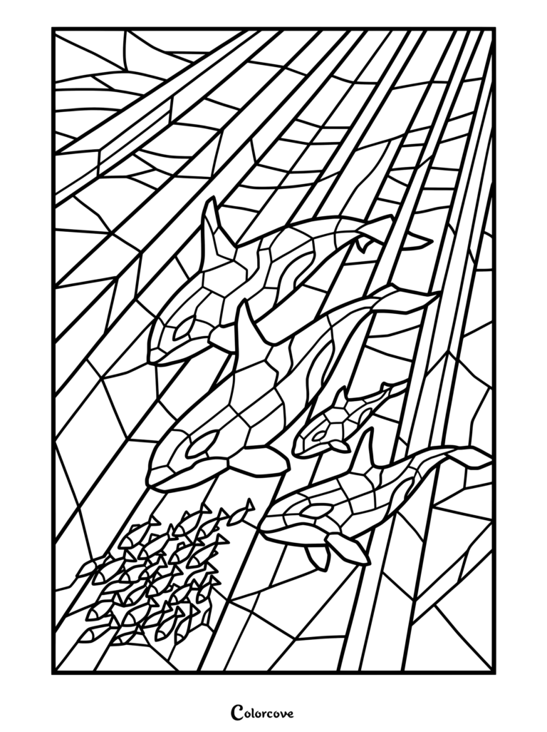 Un coloriage baleines mosaique à imprimer représentant un groupe d'orques nageant près d'un banc de poissons.