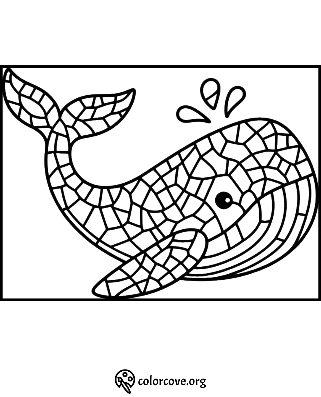 Mosaic whale coloring page for kids, featuring an intricate design perfect for creativity and art therapy from colorcove.org.