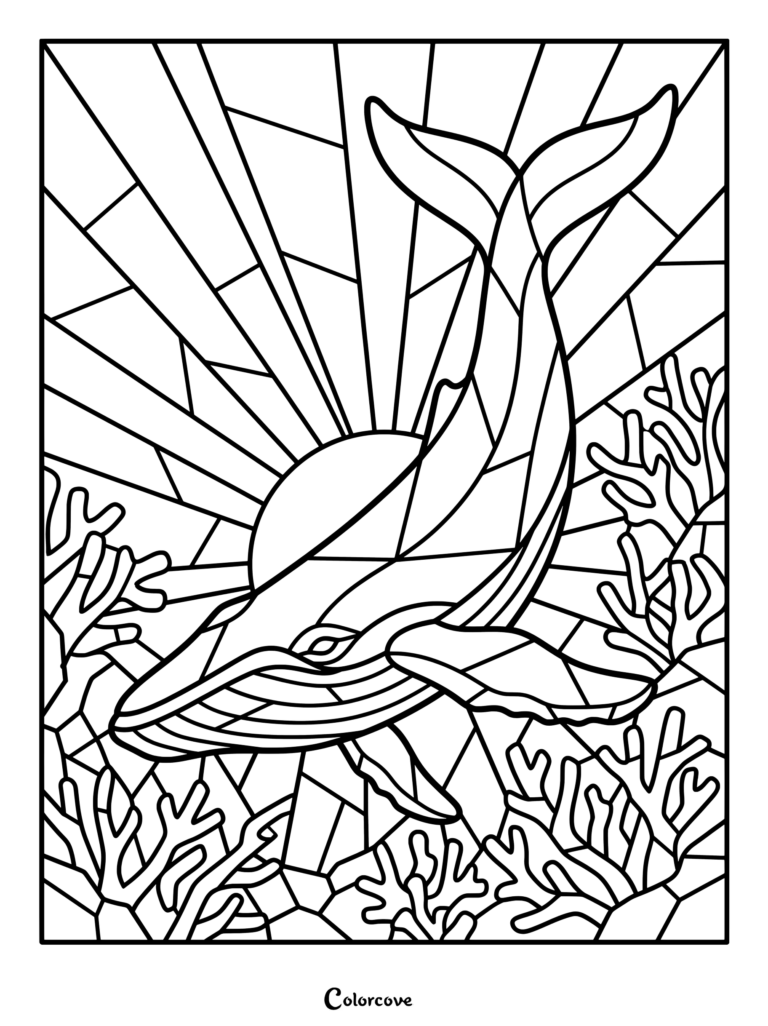 Un coloriage baleines mosaique à imprimer représentant une baleine sautant hors de l'eau, entourée de corail et de rayons de soleil.