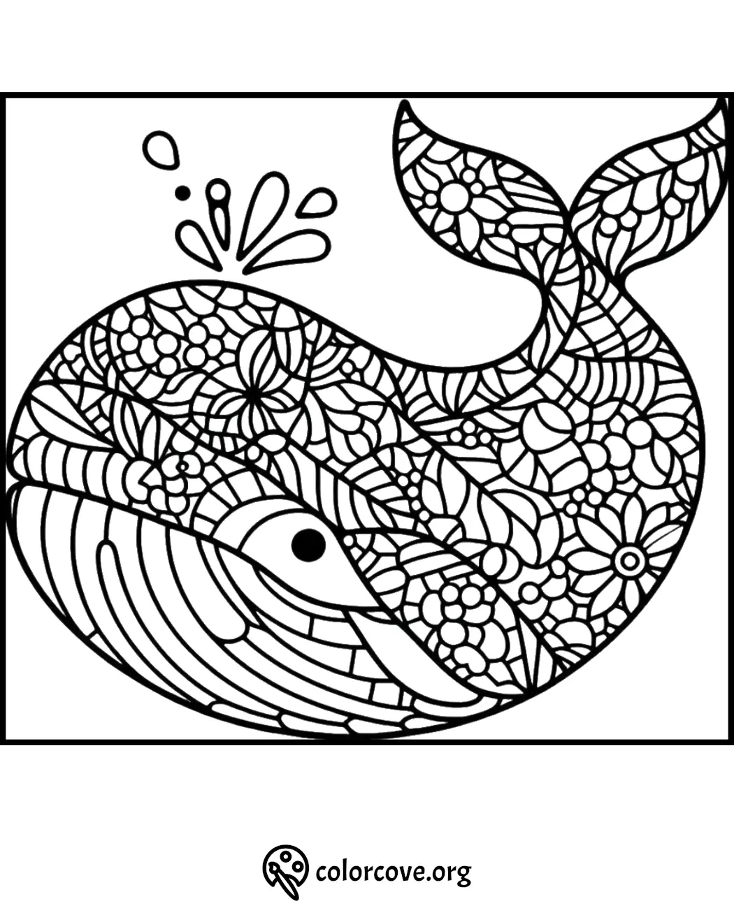 Detailed whale coloring page with intricate floral patterns for stress relief and relaxation at colorcove.org.