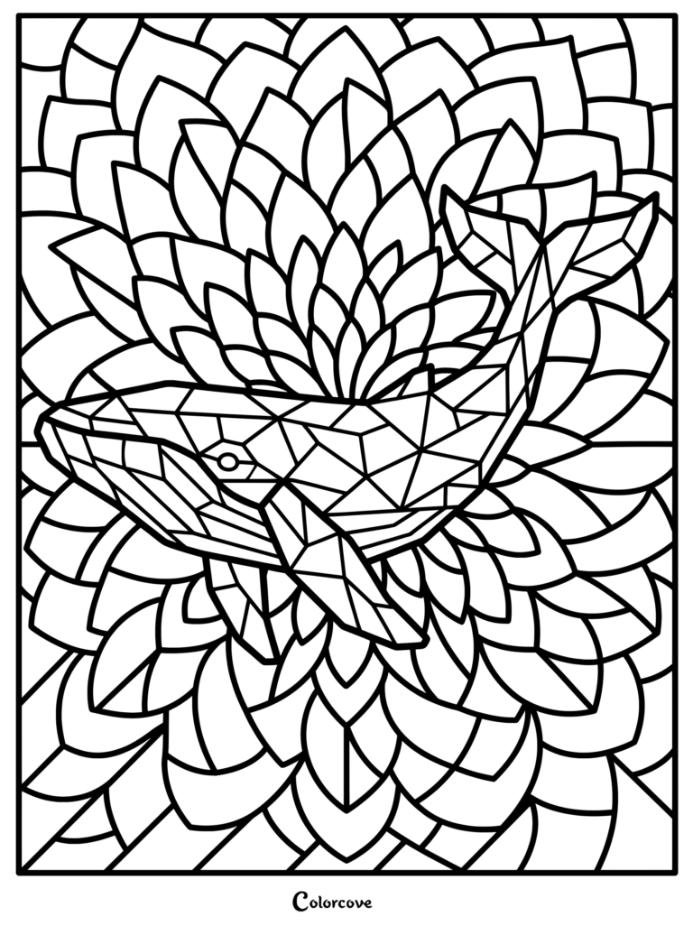 Coloriage baleines mosaique présentant un design géométrique avec des motifs floraux.