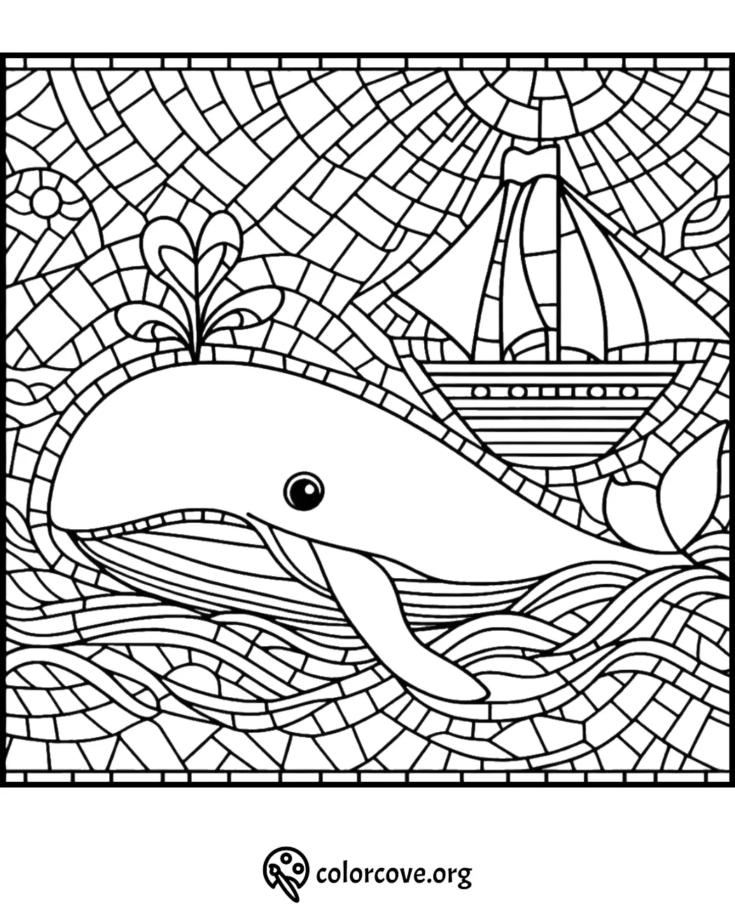 Whale and sailboat coloring page with a mosaic-style design, featuring sun, waves, and sea elements for kids to color.