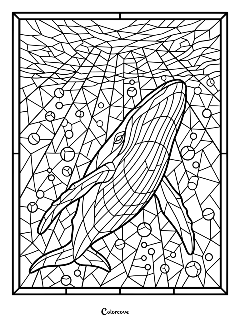 Coloriage baleines mosaique représentant une Baleine à bosse nageant vers le haut à travers des motifs de vitraux géométriques.