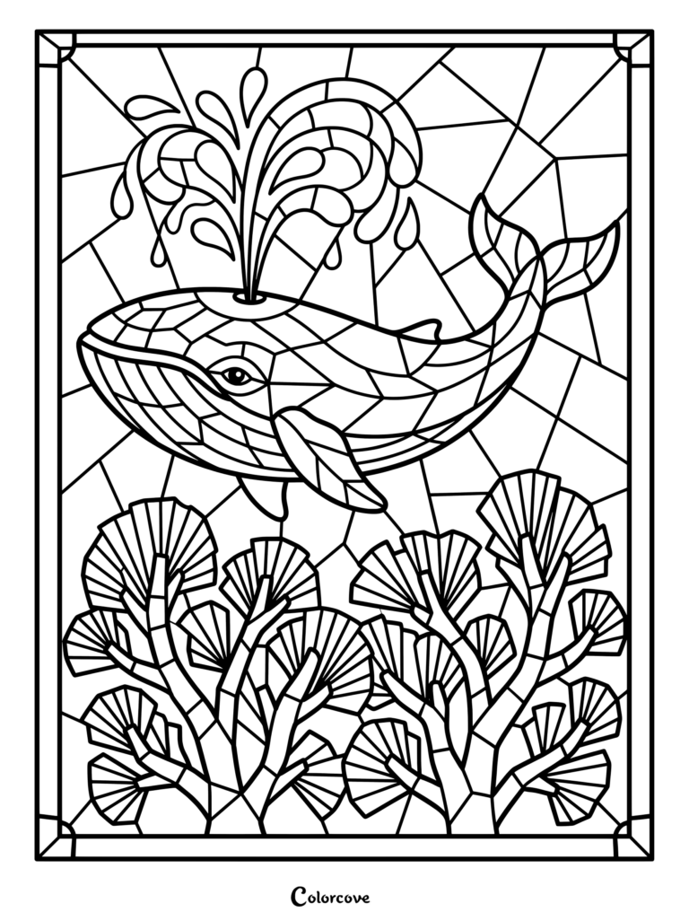 Un coloriage baleines mosaique représentant un mammifère marin majestueux crachant de l'eau au-dessus d'un récif corallien détaillé.