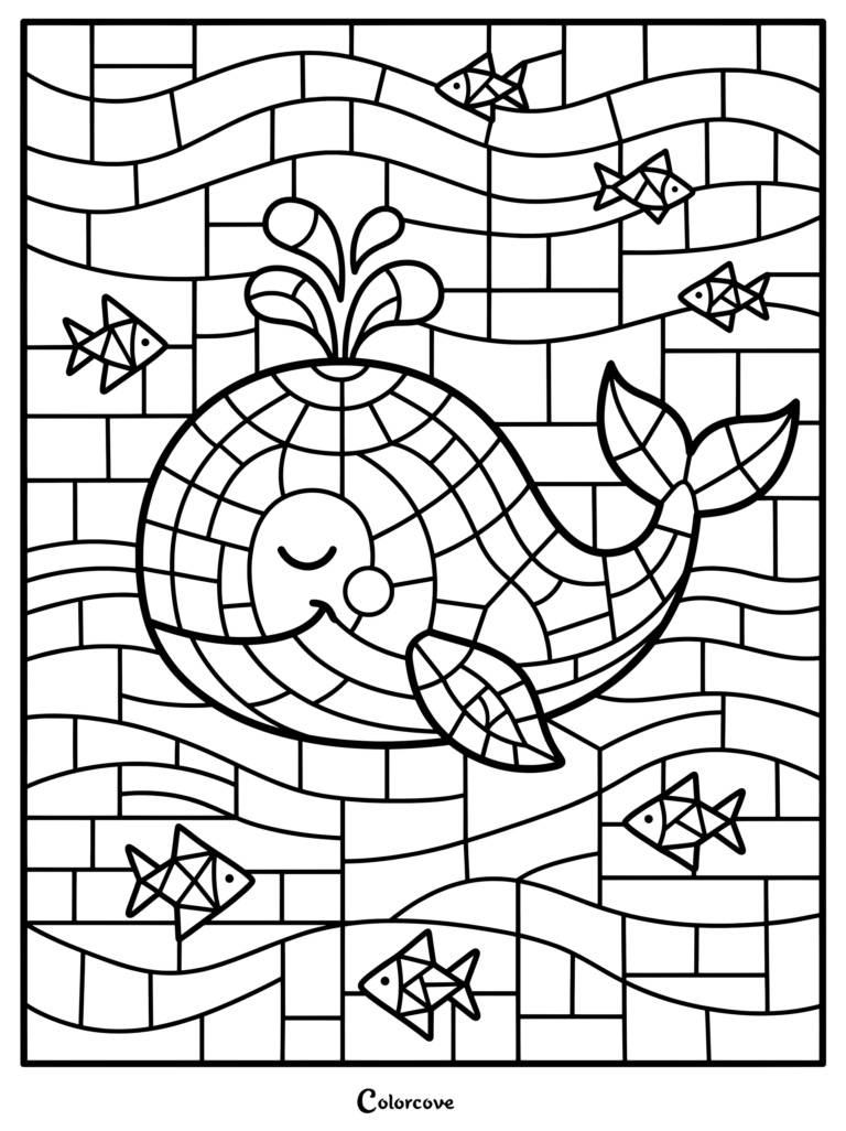 Un coloriage baleines mosaique représentant une baleine souriante crachant de l'eau entourée de poissons géométriques et de vagues.