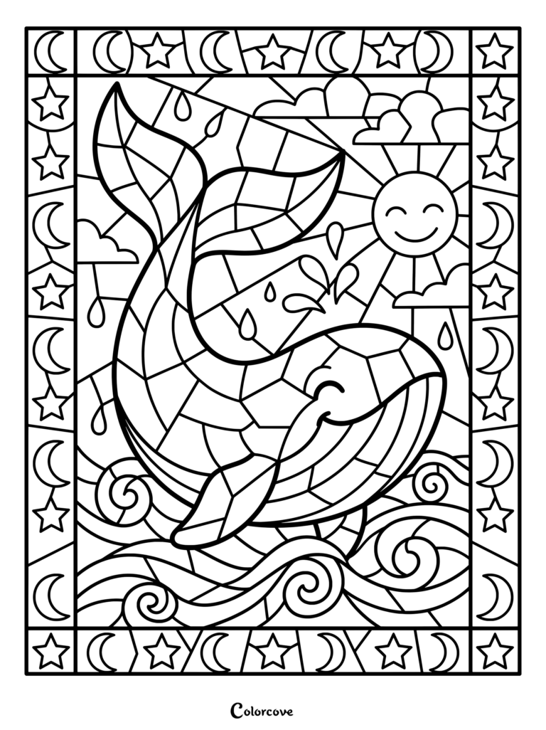 Coloriage baleines mosaique représentant une baleine jaillissante, un soleil souriant et une bordure céleste.